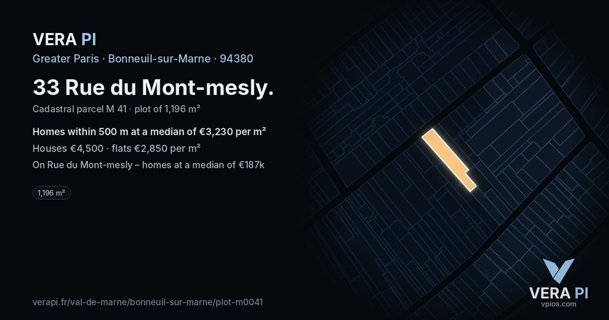 33 Rue du Mont-mesly, Bonneuil-sur-Marne at night – the plot lit, the parcels around coloured by the prices near them