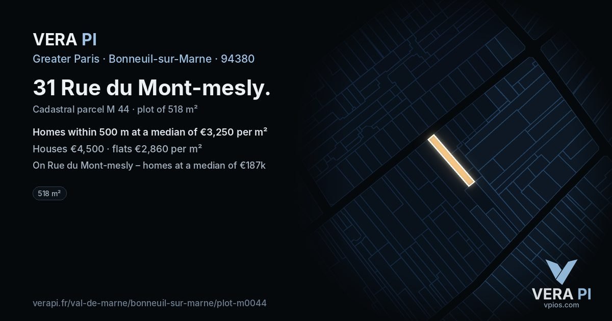 31 Rue du Mont-mesly, Bonneuil-sur-Marne at night – the plot lit, the parcels around coloured by the prices near them