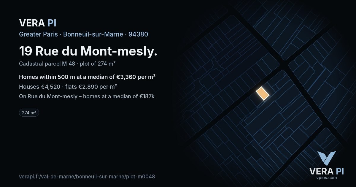 19 Rue du Mont-mesly, Bonneuil-sur-Marne at night – the plot lit, the parcels around coloured by the prices near them