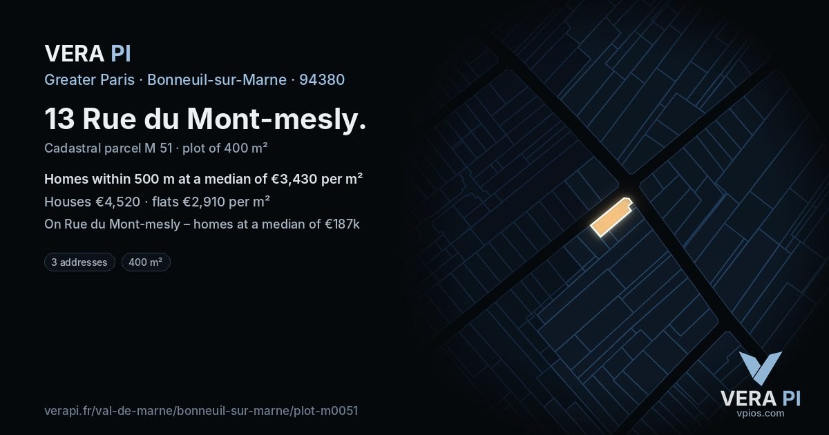 13 Rue du Mont-mesly, Bonneuil-sur-Marne at night – the plot lit, the parcels around coloured by the prices near them