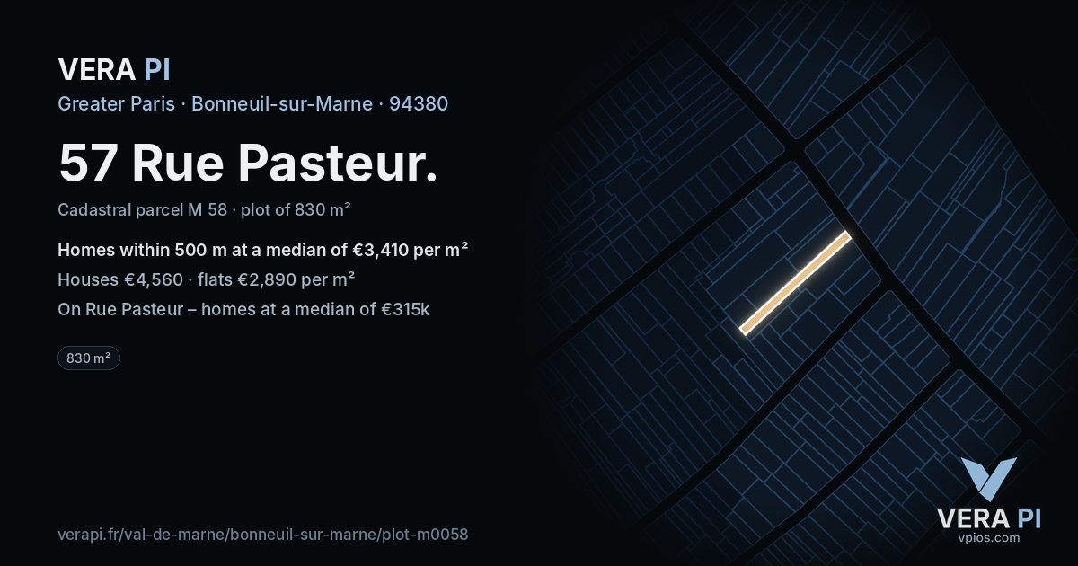 57 Rue Pasteur, Bonneuil-sur-Marne at night – the plot lit, the parcels around coloured by the prices near them