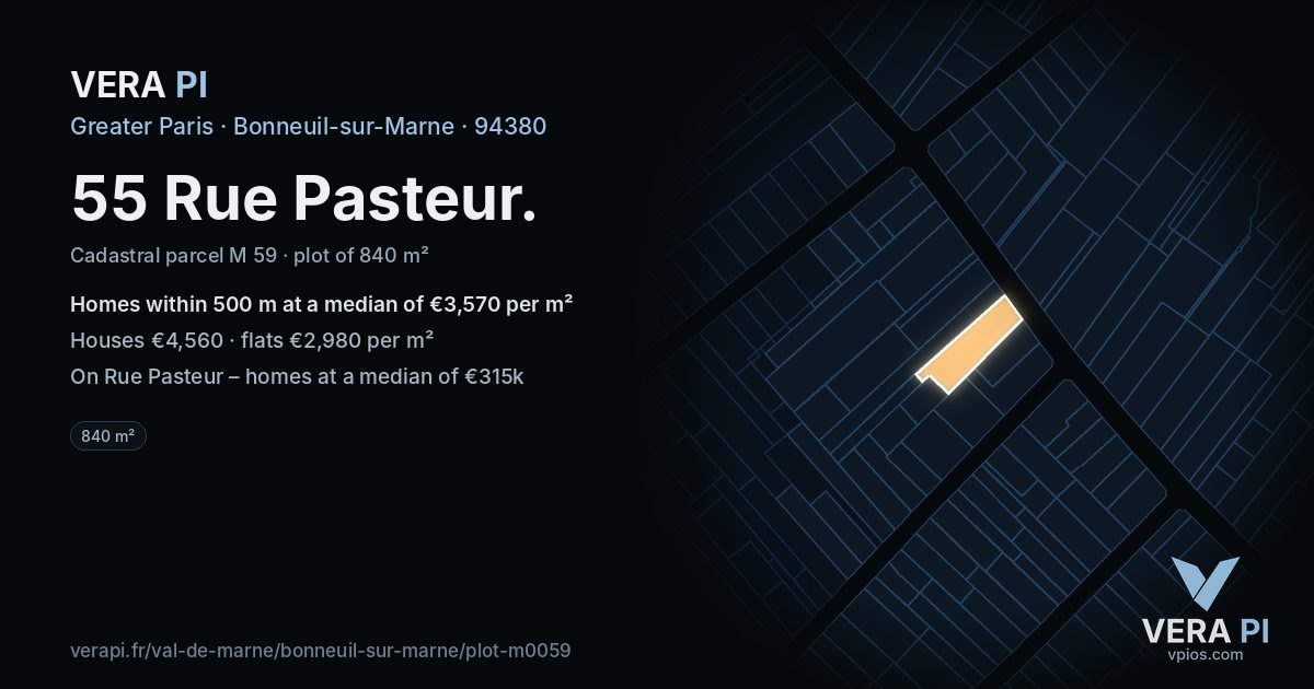 55 Rue Pasteur, Bonneuil-sur-Marne at night – the plot lit, the parcels around coloured by the prices near them