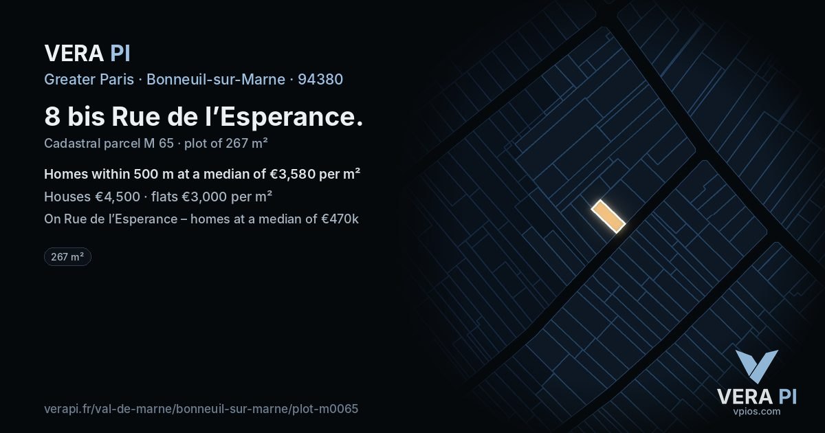 8 bis Rue de l’Esperance, Bonneuil-sur-Marne at night – the plot lit, the parcels around coloured by the prices near them