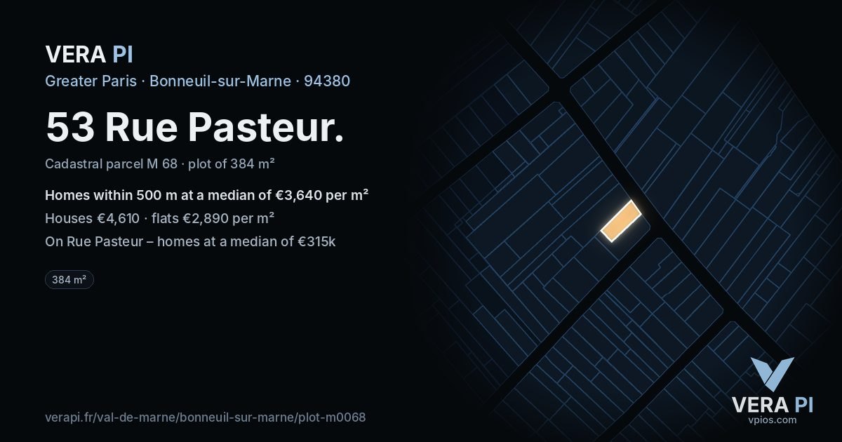 53 Rue Pasteur, Bonneuil-sur-Marne at night – the plot lit, the parcels around coloured by the prices near them