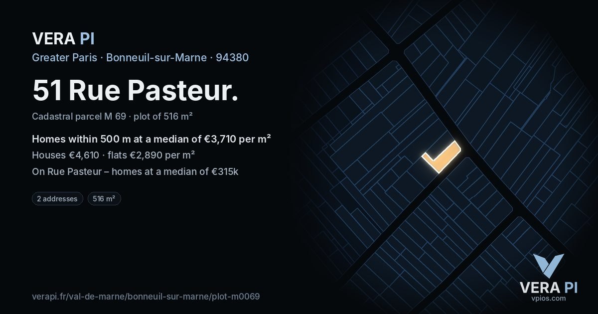 51 Rue Pasteur, Bonneuil-sur-Marne at night – the plot lit, the parcels around coloured by the prices near them