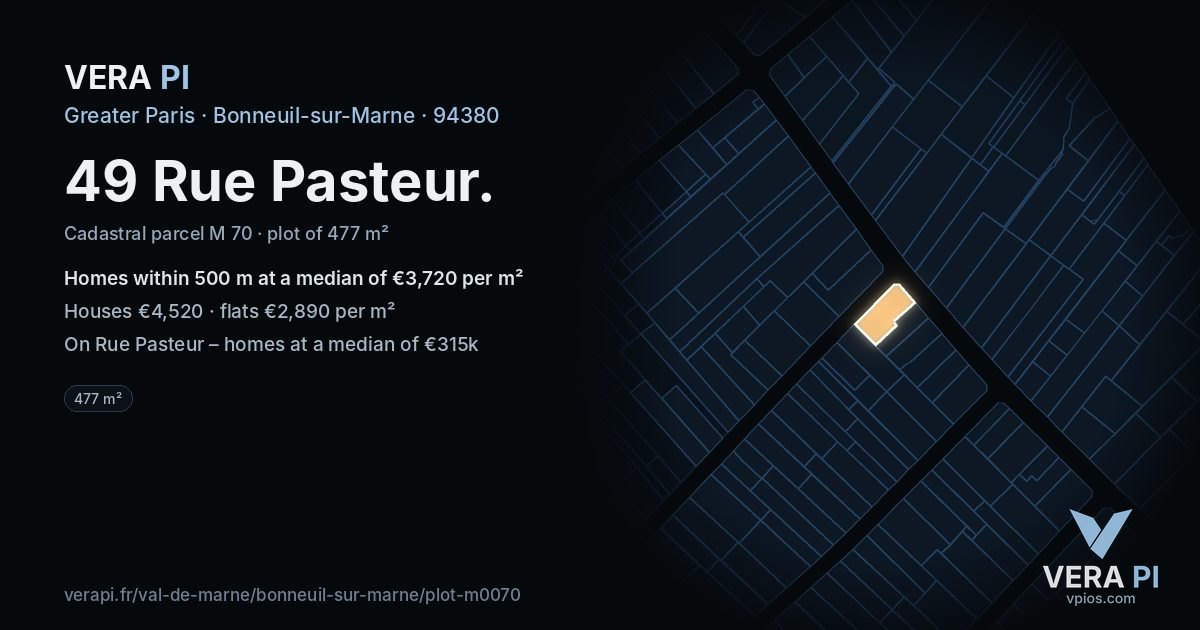49 Rue Pasteur, Bonneuil-sur-Marne at night – the plot lit, the parcels around coloured by the prices near them