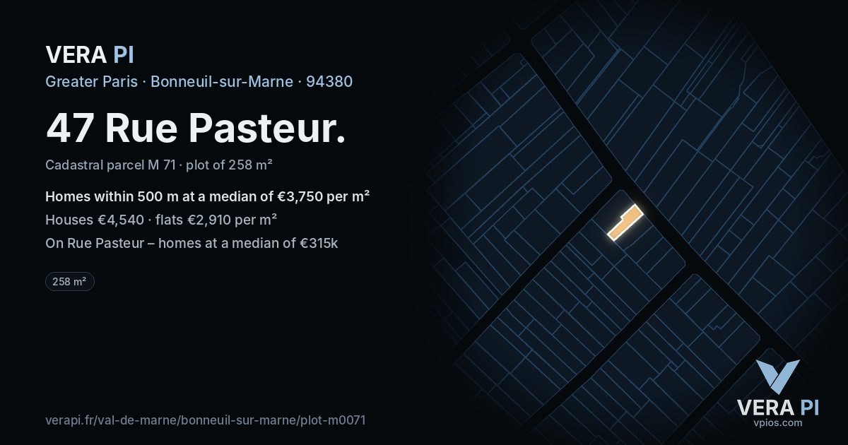 47 Rue Pasteur, Bonneuil-sur-Marne at night – the plot lit, the parcels around coloured by the prices near them