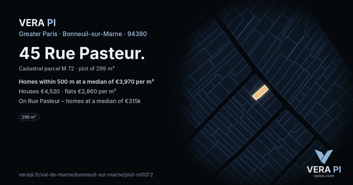 45 Rue Pasteur, Bonneuil-sur-Marne at night – the plot lit, the parcels around coloured by the prices near them