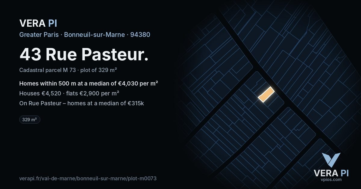 43 Rue Pasteur, Bonneuil-sur-Marne at night – the plot lit, the parcels around coloured by the prices near them
