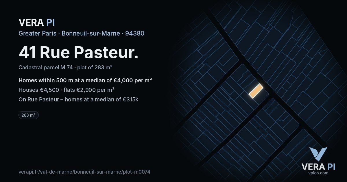 41 Rue Pasteur, Bonneuil-sur-Marne at night – the plot lit, the parcels around coloured by the prices near them