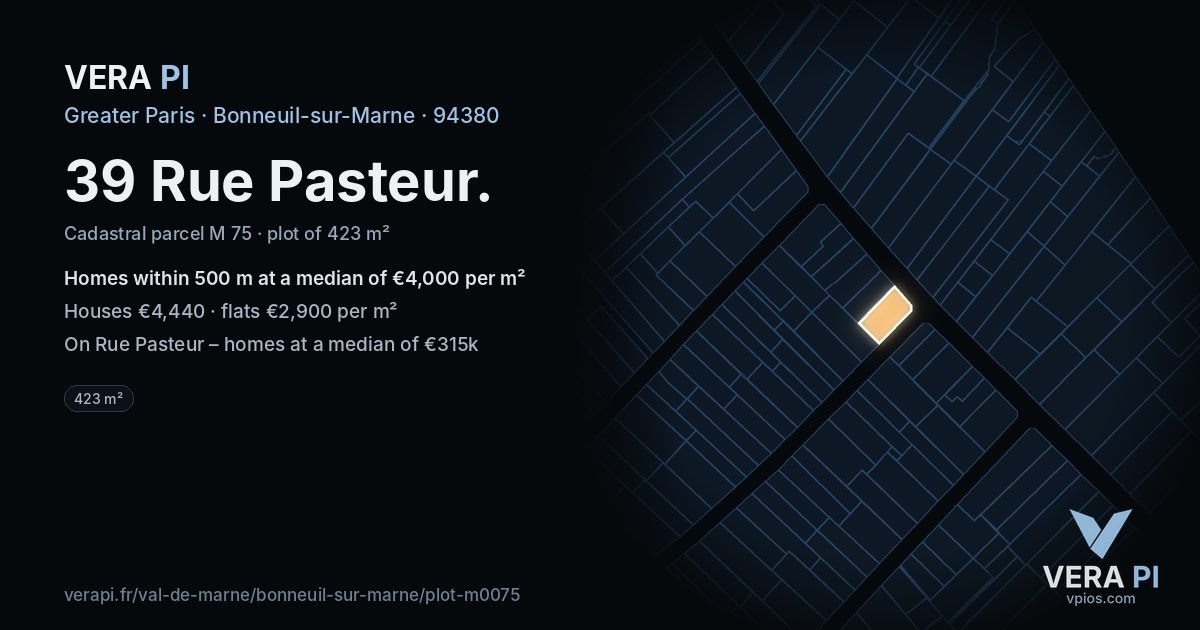 39 Rue Pasteur, Bonneuil-sur-Marne at night – the plot lit, the parcels around coloured by the prices near them