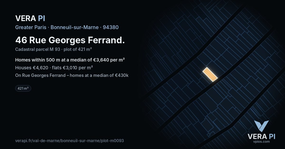 46 Rue Georges Ferrand, Bonneuil-sur-Marne at night – the plot lit, the parcels around coloured by the prices near them