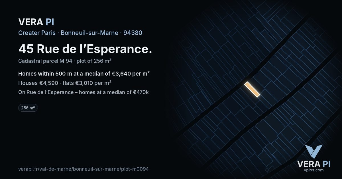 45 Rue de l’Esperance, Bonneuil-sur-Marne at night – the plot lit, the parcels around coloured by the prices near them