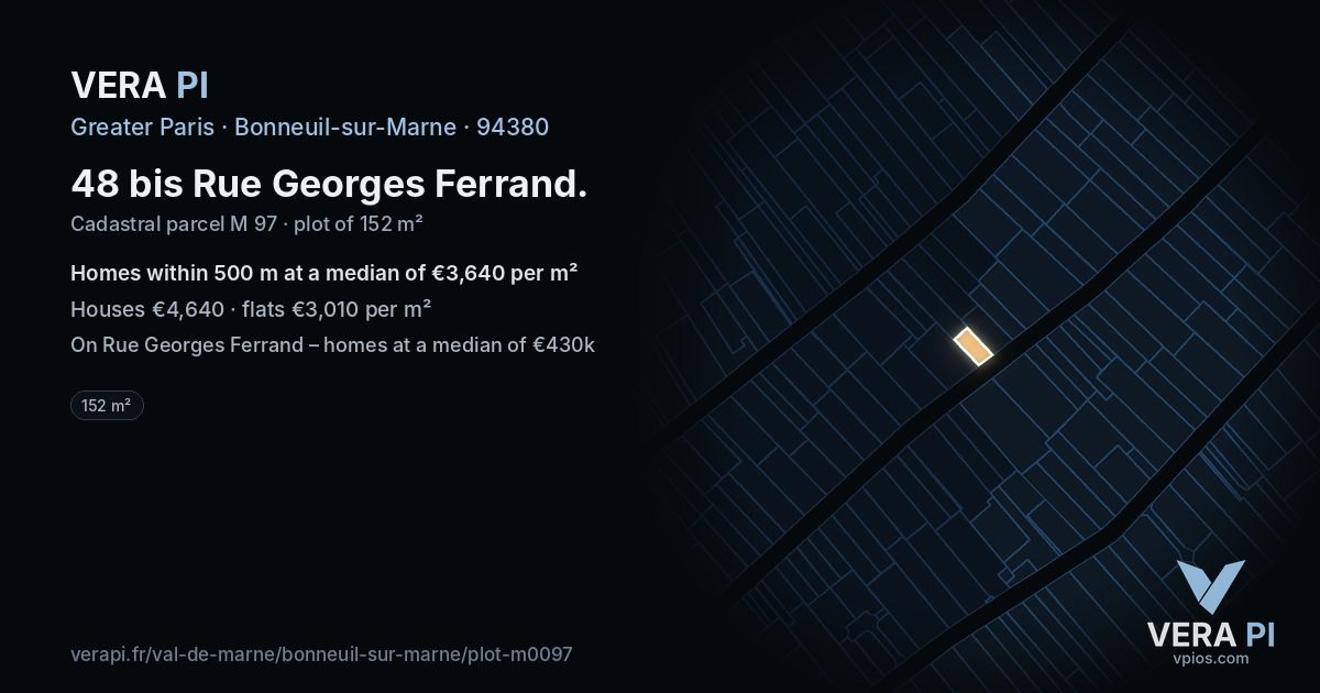 48 bis Rue Georges Ferrand, Bonneuil-sur-Marne at night – the plot lit, the parcels around coloured by the prices near them