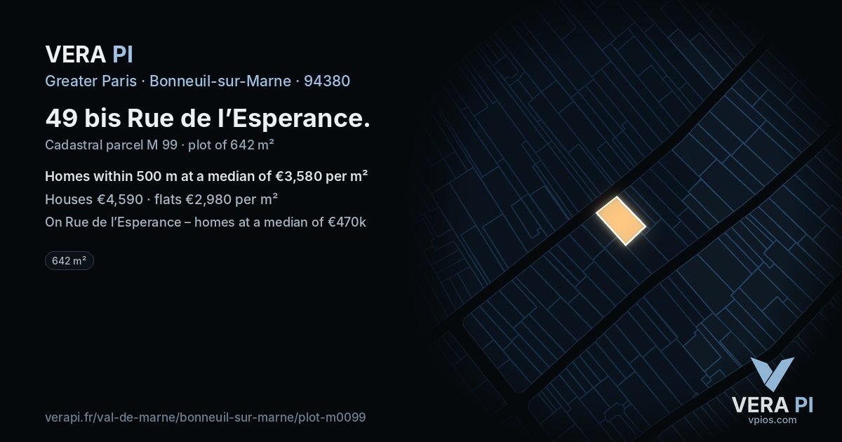 49 bis Rue de l’Esperance, Bonneuil-sur-Marne at night – the plot lit, the parcels around coloured by the prices near them
