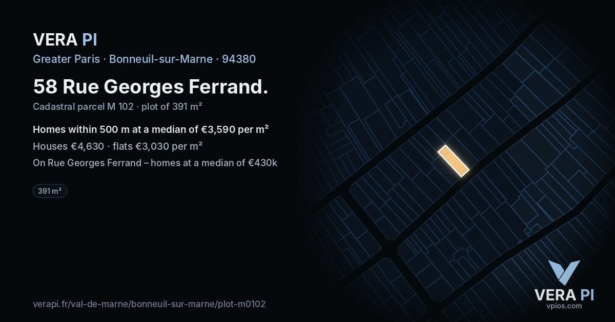 58 Rue Georges Ferrand, Bonneuil-sur-Marne at night – the plot lit, the parcels around coloured by the prices near them