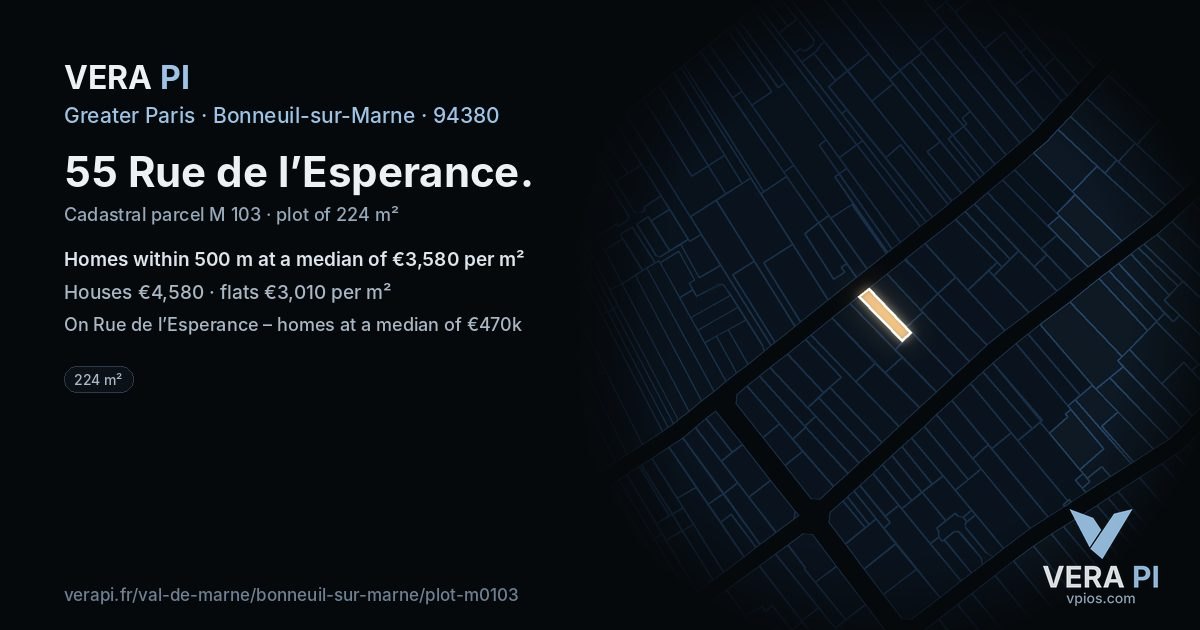 55 Rue de l’Esperance, Bonneuil-sur-Marne at night – the plot lit, the parcels around coloured by the prices near them