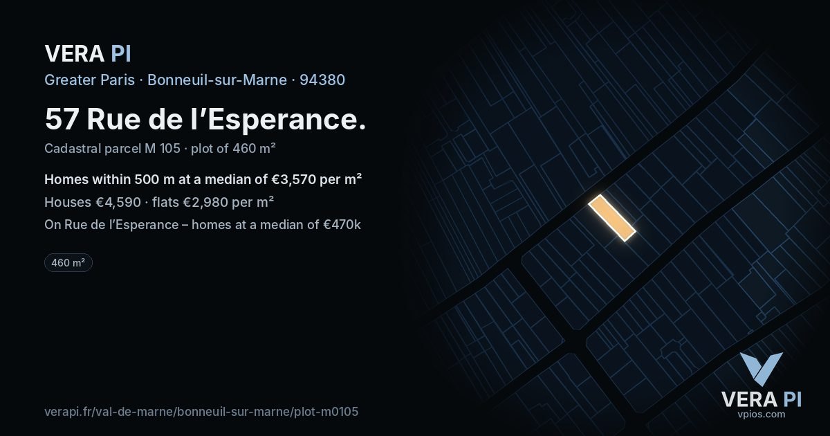 57 Rue de l’Esperance, Bonneuil-sur-Marne at night – the plot lit, the parcels around coloured by the prices near them