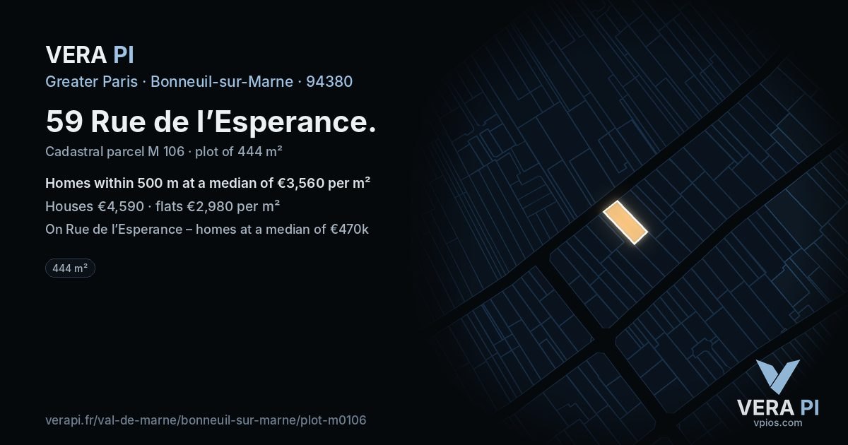 59 Rue de l’Esperance, Bonneuil-sur-Marne at night – the plot lit, the parcels around coloured by the prices near them