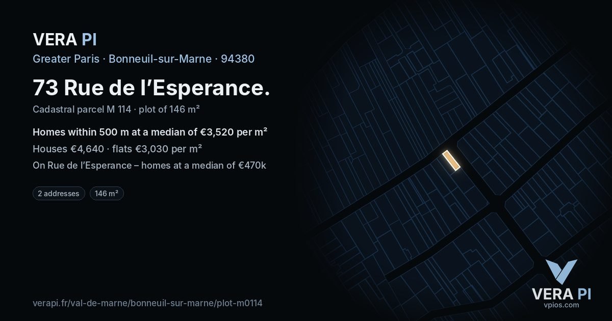 73 Rue de l’Esperance, Bonneuil-sur-Marne at night – the plot lit, the parcels around coloured by the prices near them