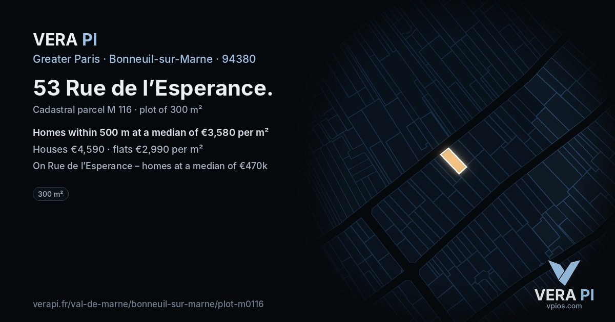 53 Rue de l’Esperance, Bonneuil-sur-Marne at night – the plot lit, the parcels around coloured by the prices near them