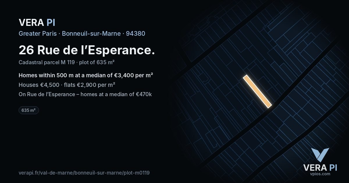 26 Rue de l’Esperance, Bonneuil-sur-Marne at night – the plot lit, the parcels around coloured by the prices near them