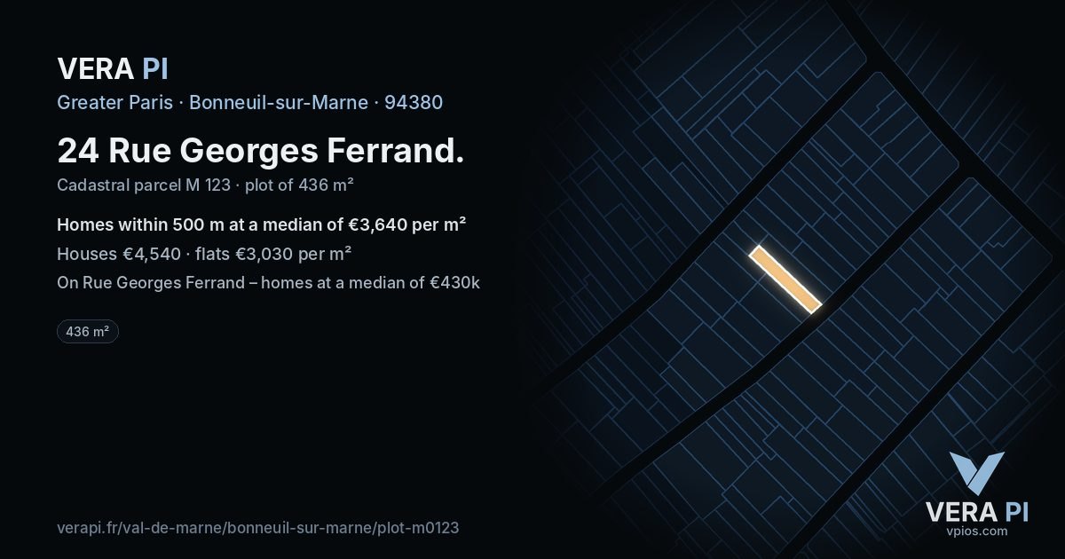 24 Rue Georges Ferrand, Bonneuil-sur-Marne at night – the plot lit, the parcels around coloured by the prices near them