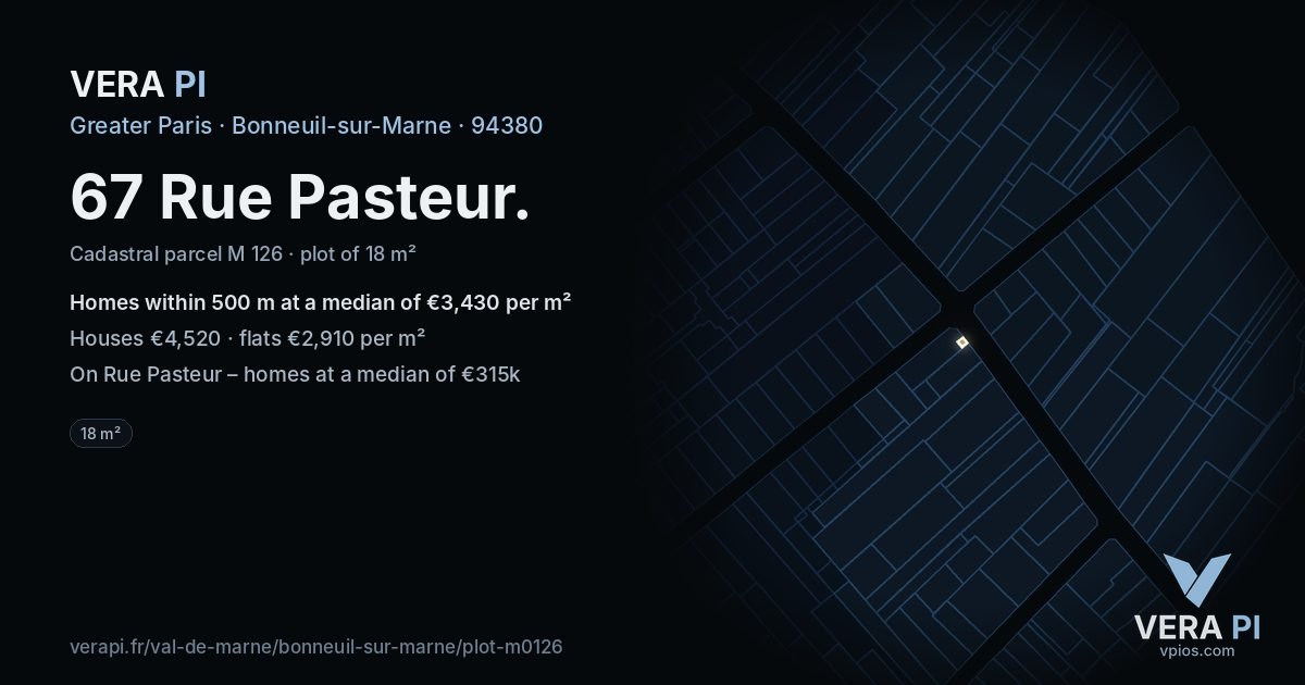 67 Rue Pasteur, Bonneuil-sur-Marne at night – the plot lit, the parcels around coloured by the prices near them
