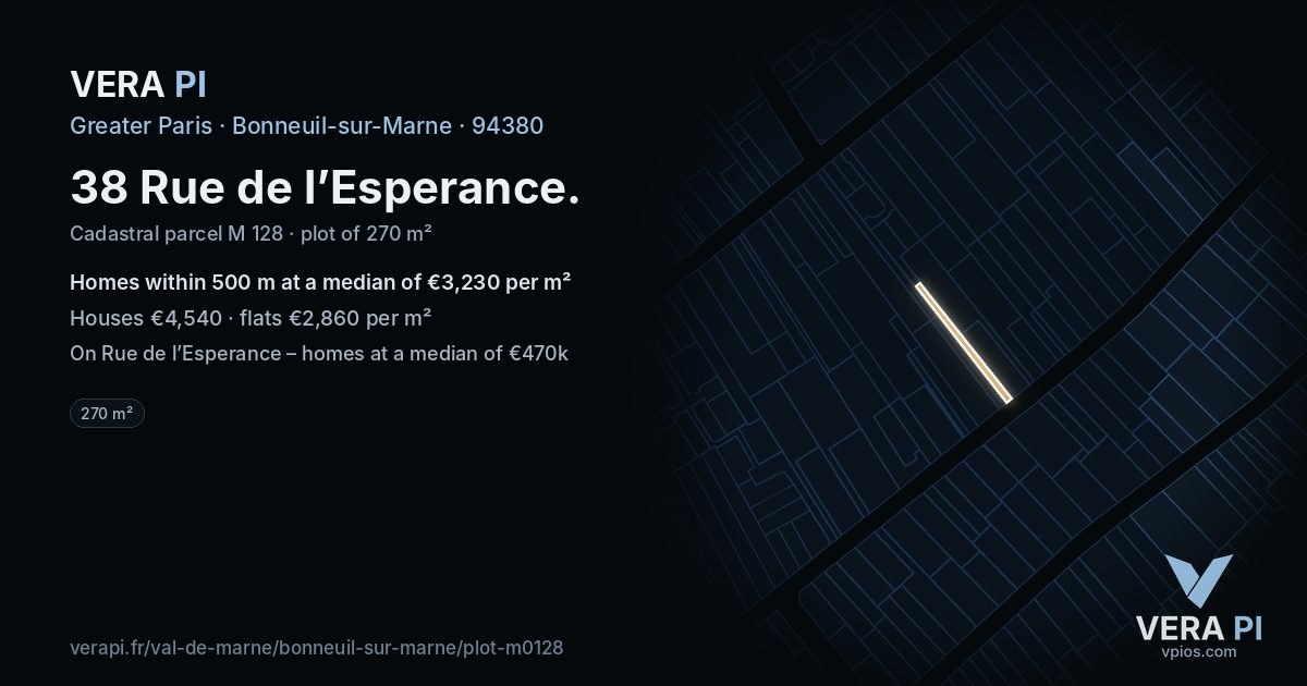 38 Rue de l’Esperance, Bonneuil-sur-Marne at night – the plot lit, the parcels around coloured by the prices near them