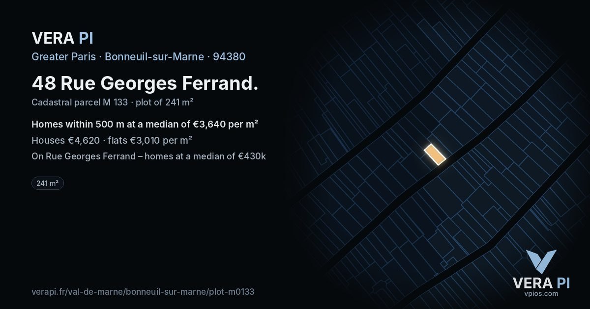 48 Rue Georges Ferrand, Bonneuil-sur-Marne at night – the plot lit, the parcels around coloured by the prices near them
