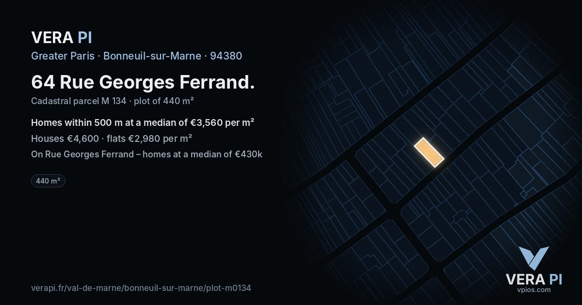 64 Rue Georges Ferrand, Bonneuil-sur-Marne at night – the plot lit, the parcels around coloured by the prices near them
