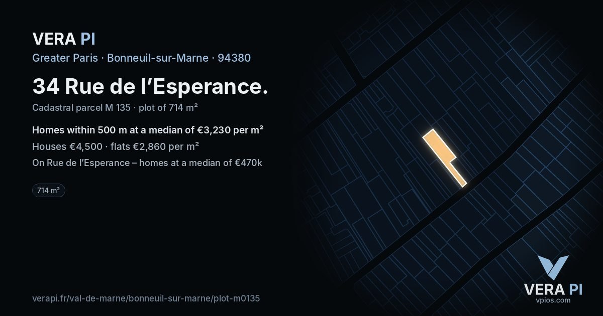 34 Rue de l’Esperance, Bonneuil-sur-Marne at night – the plot lit, the parcels around coloured by the prices near them