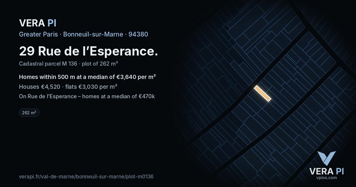 29 Rue de l’Esperance, Bonneuil-sur-Marne at night – the plot lit, the parcels around coloured by the prices near them