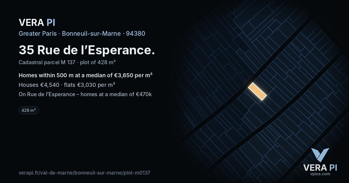35 Rue de l’Esperance, Bonneuil-sur-Marne at night – the plot lit, the parcels around coloured by the prices near them