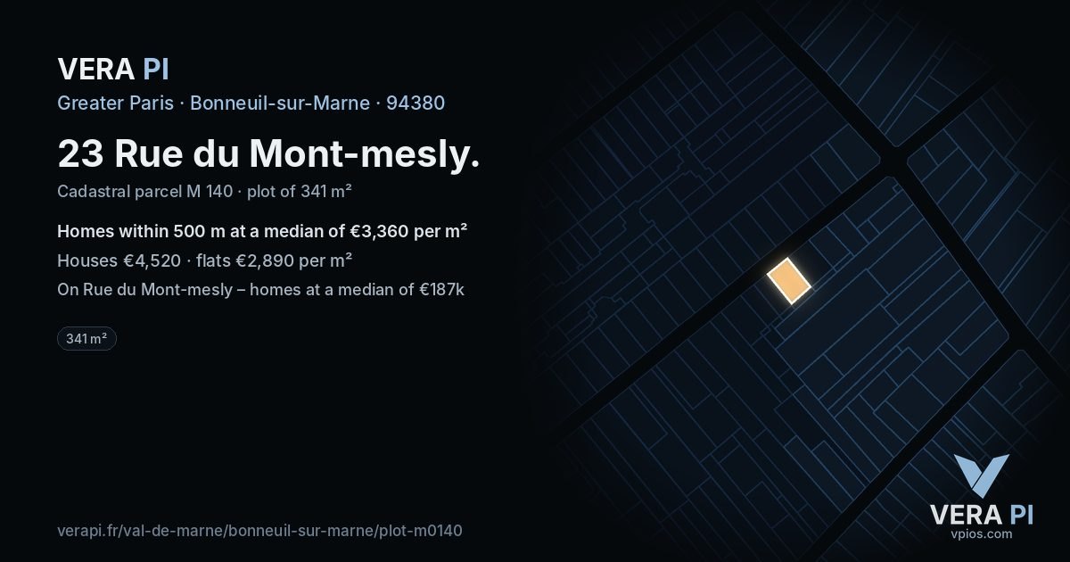 23 Rue du Mont-mesly, Bonneuil-sur-Marne at night – the plot lit, the parcels around coloured by the prices near them