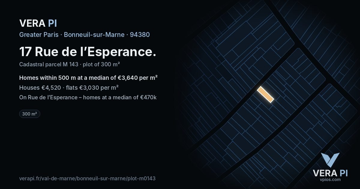 17 Rue de l’Esperance, Bonneuil-sur-Marne at night – the plot lit, the parcels around coloured by the prices near them