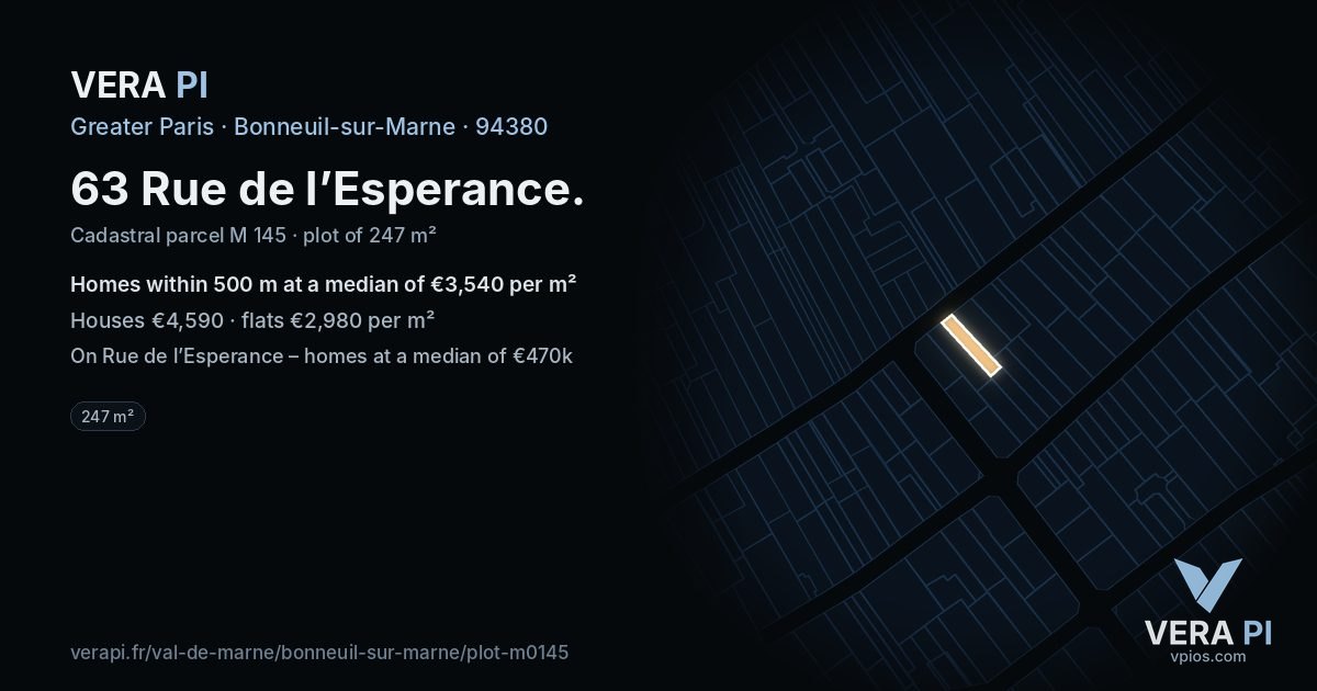63 Rue de l’Esperance, Bonneuil-sur-Marne at night – the plot lit, the parcels around coloured by the prices near them
