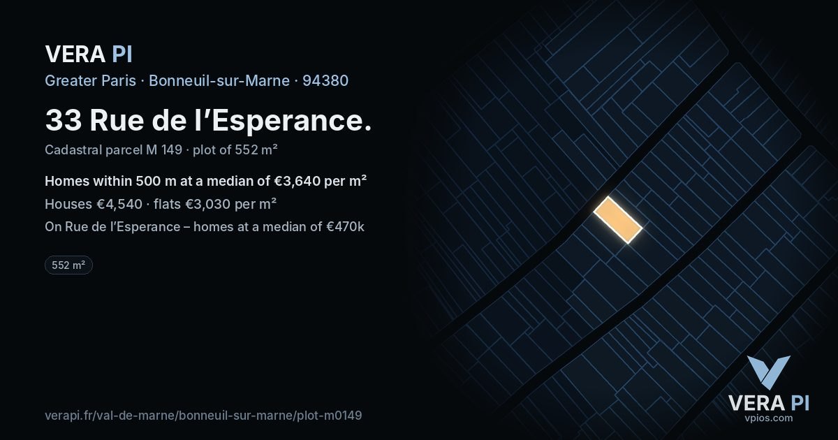 33 Rue de l’Esperance, Bonneuil-sur-Marne at night – the plot lit, the parcels around coloured by the prices near them