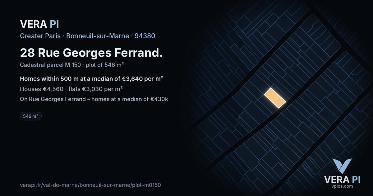 28 Rue Georges Ferrand, Bonneuil-sur-Marne at night – the plot lit, the parcels around coloured by the prices near them
