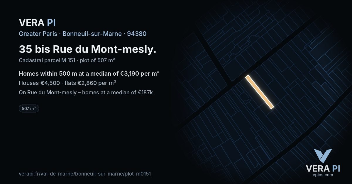 35 bis Rue du Mont-mesly, Bonneuil-sur-Marne at night – the plot lit, the parcels around coloured by the prices near them