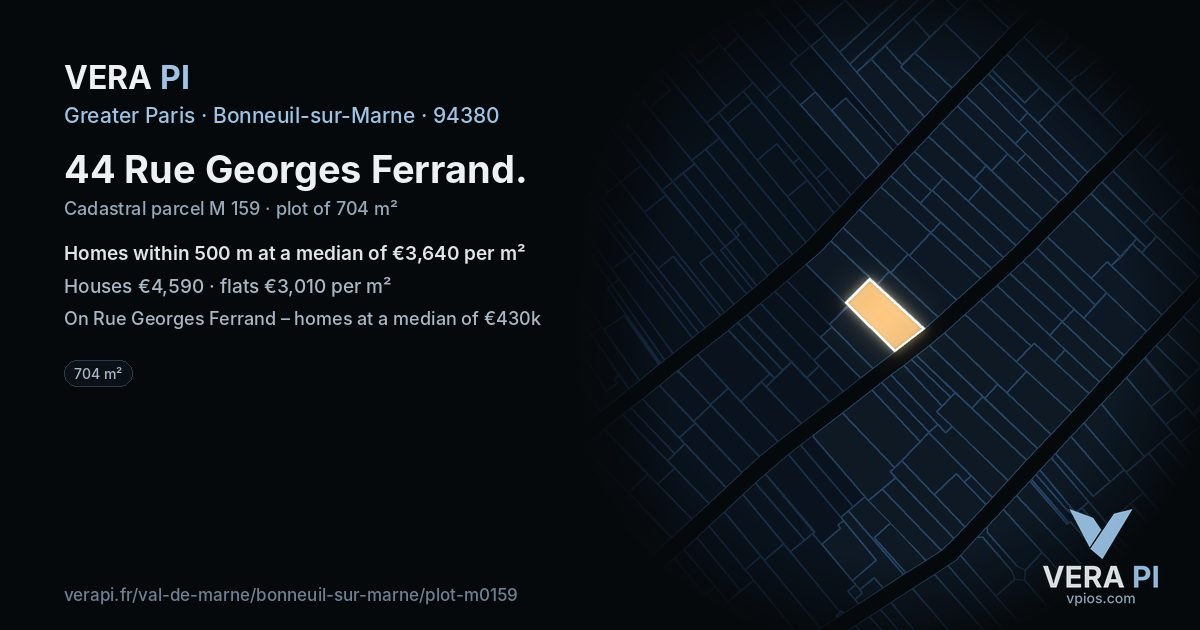 44 Rue Georges Ferrand, Bonneuil-sur-Marne at night – the plot lit, the parcels around coloured by the prices near them