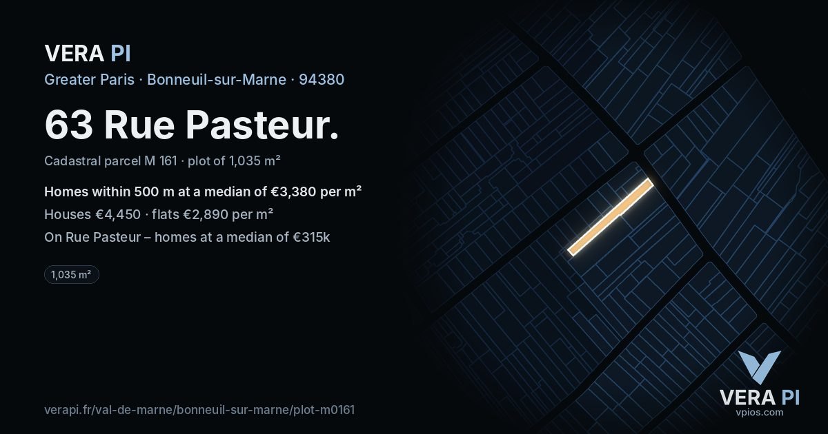 63 Rue Pasteur, Bonneuil-sur-Marne at night – the plot lit, the parcels around coloured by the prices near them