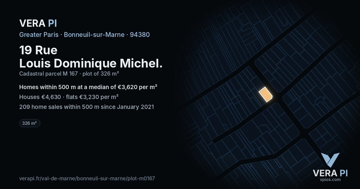 19 Rue Louis Dominique Michel, Bonneuil-sur-Marne at night – the plot lit, the parcels around coloured by the prices near them