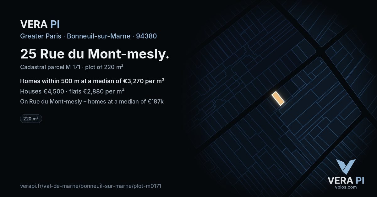 25 Rue du Mont-mesly, Bonneuil-sur-Marne at night – the plot lit, the parcels around coloured by the prices near them