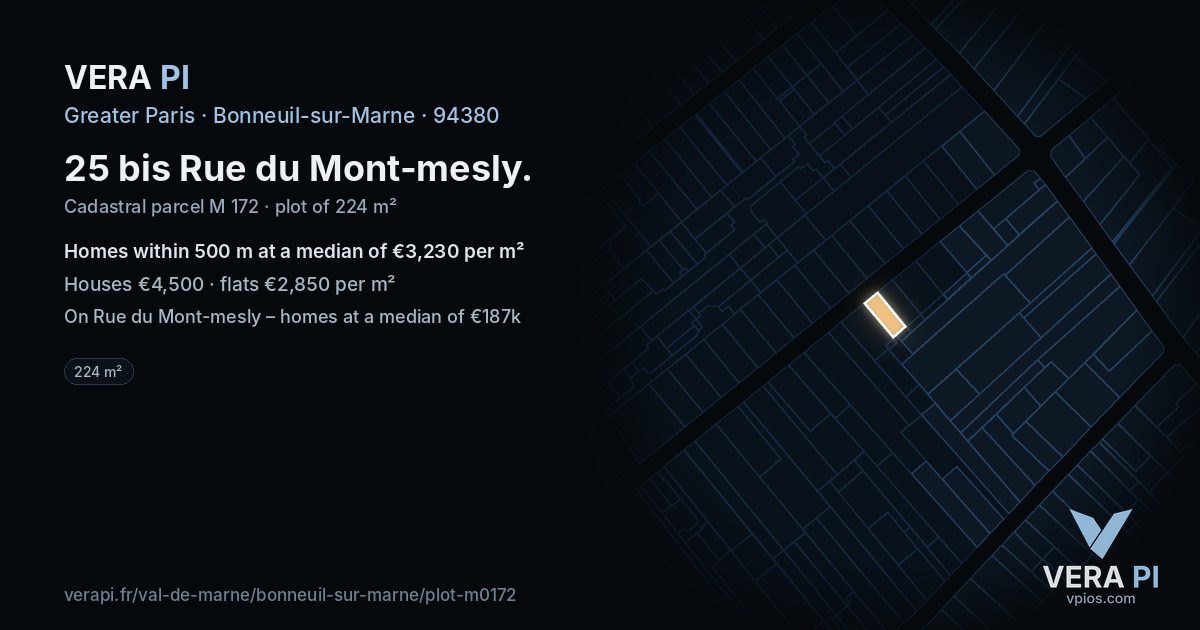 25 bis Rue du Mont-mesly, Bonneuil-sur-Marne at night – the plot lit, the parcels around coloured by the prices near them