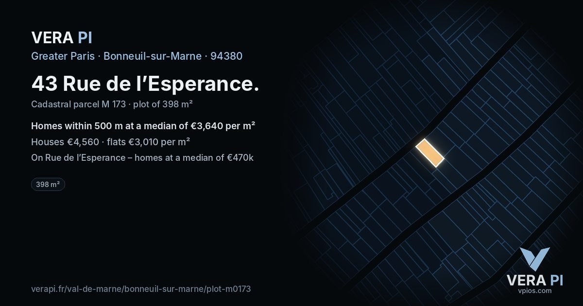 43 Rue de l’Esperance, Bonneuil-sur-Marne at night – the plot lit, the parcels around coloured by the prices near them