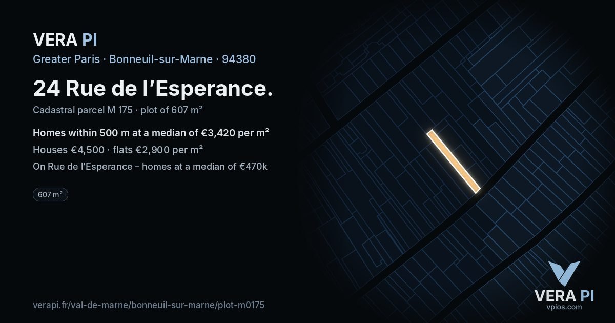 24 Rue de l’Esperance, Bonneuil-sur-Marne at night – the plot lit, the parcels around coloured by the prices near them