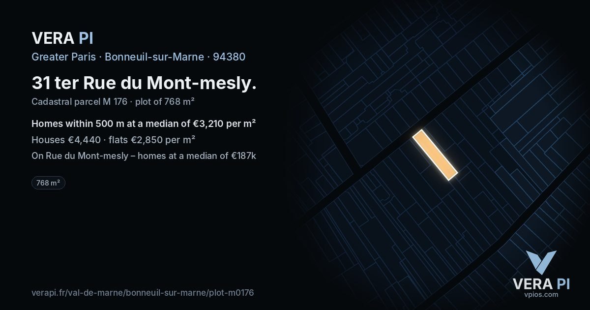 31 ter Rue du Mont-mesly, Bonneuil-sur-Marne at night – the plot lit, the parcels around coloured by the prices near them