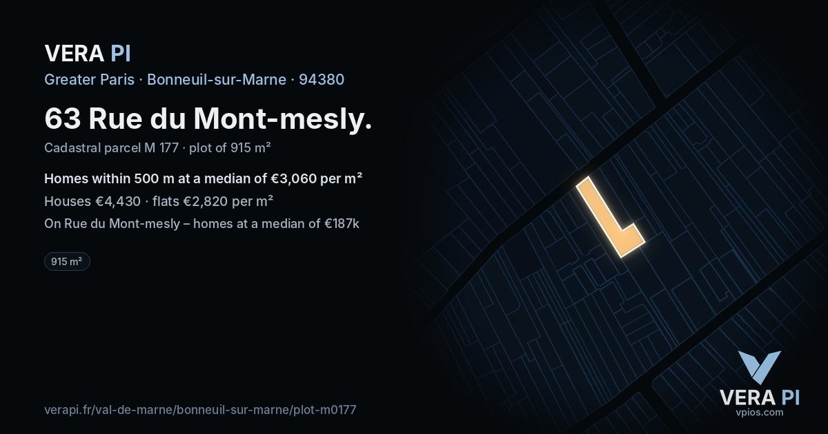 63 Rue du Mont-mesly, Bonneuil-sur-Marne at night – the plot lit, the parcels around coloured by the prices near them