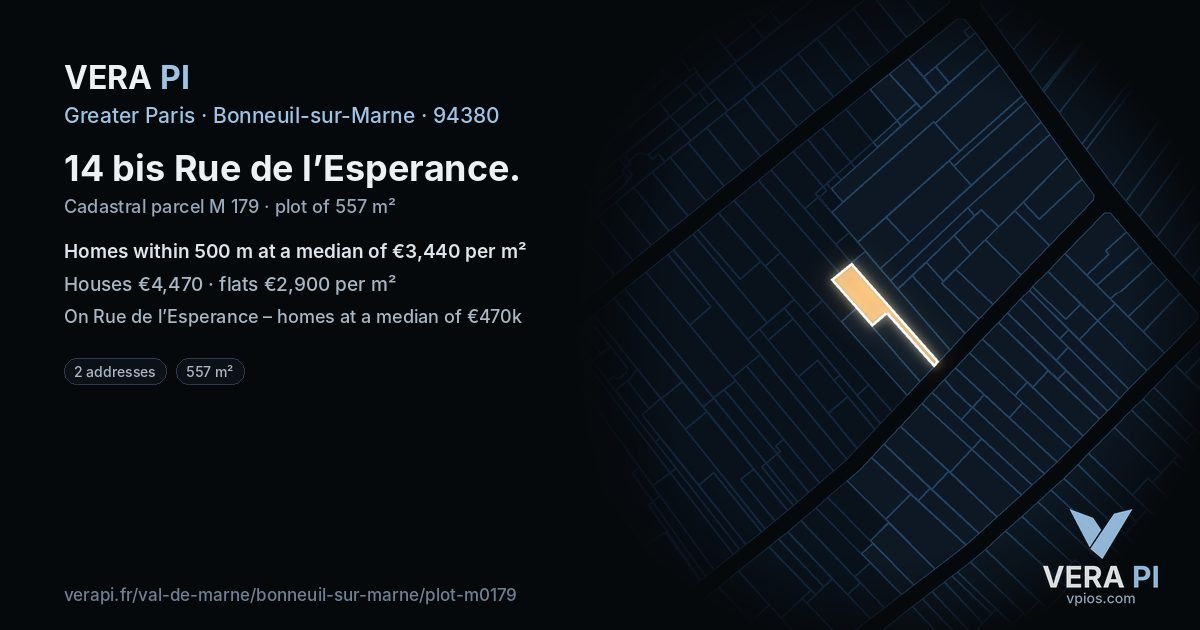 14 bis Rue de l’Esperance, Bonneuil-sur-Marne at night – the plot lit, the parcels around coloured by the prices near them